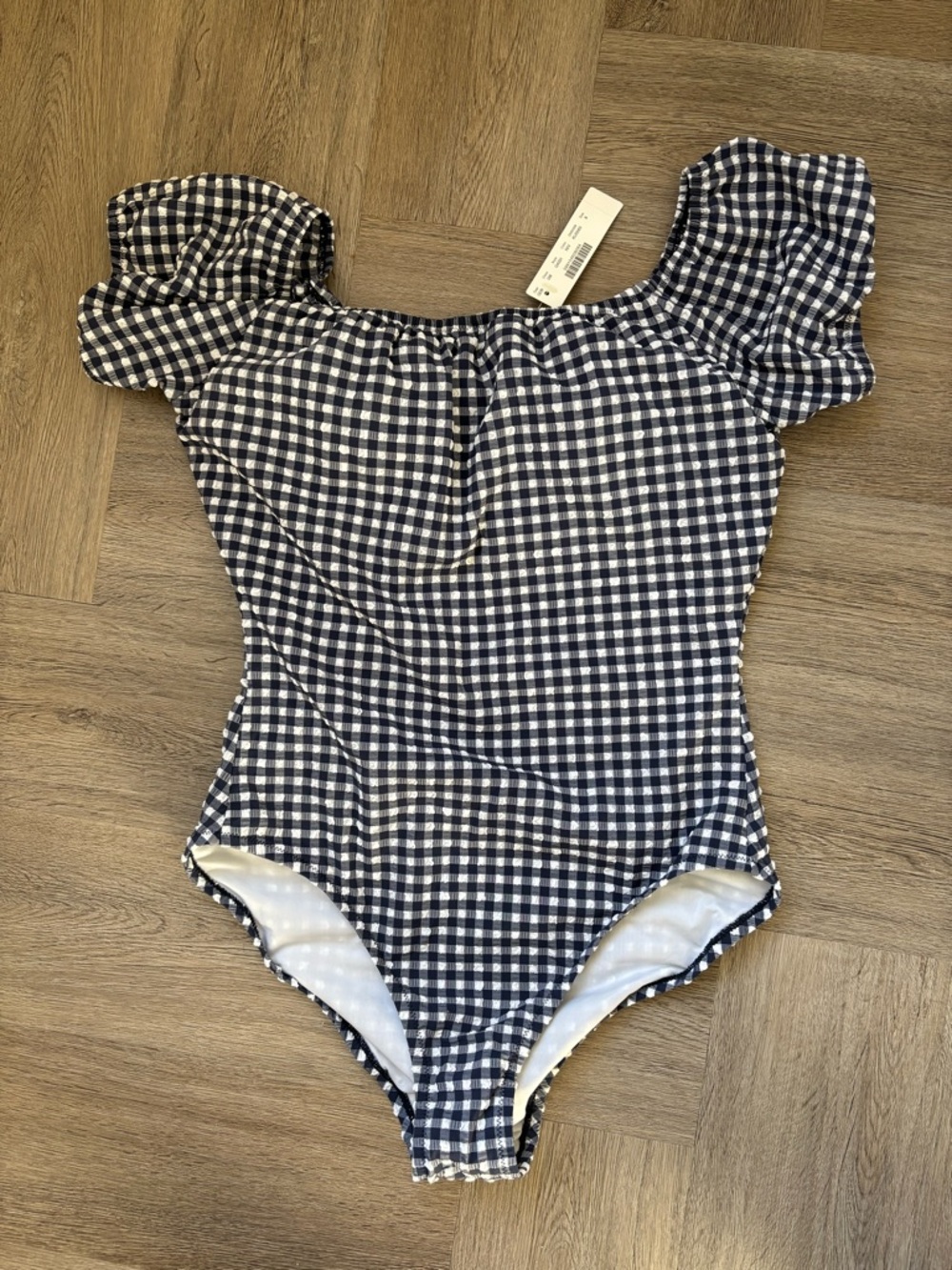 J. Crew Navy and White Gingham Off Shoulder Sleeve One-Piece Swimsuit